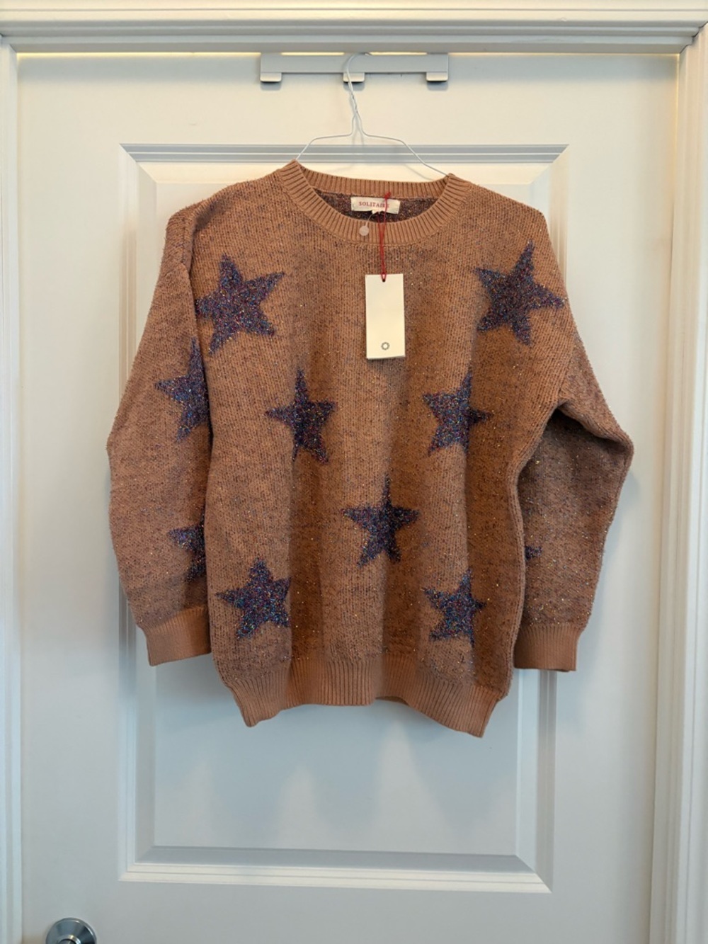 Solitaire Star Print Shimmer Knit Sweater XL Tan Cozy Sparkle NWT